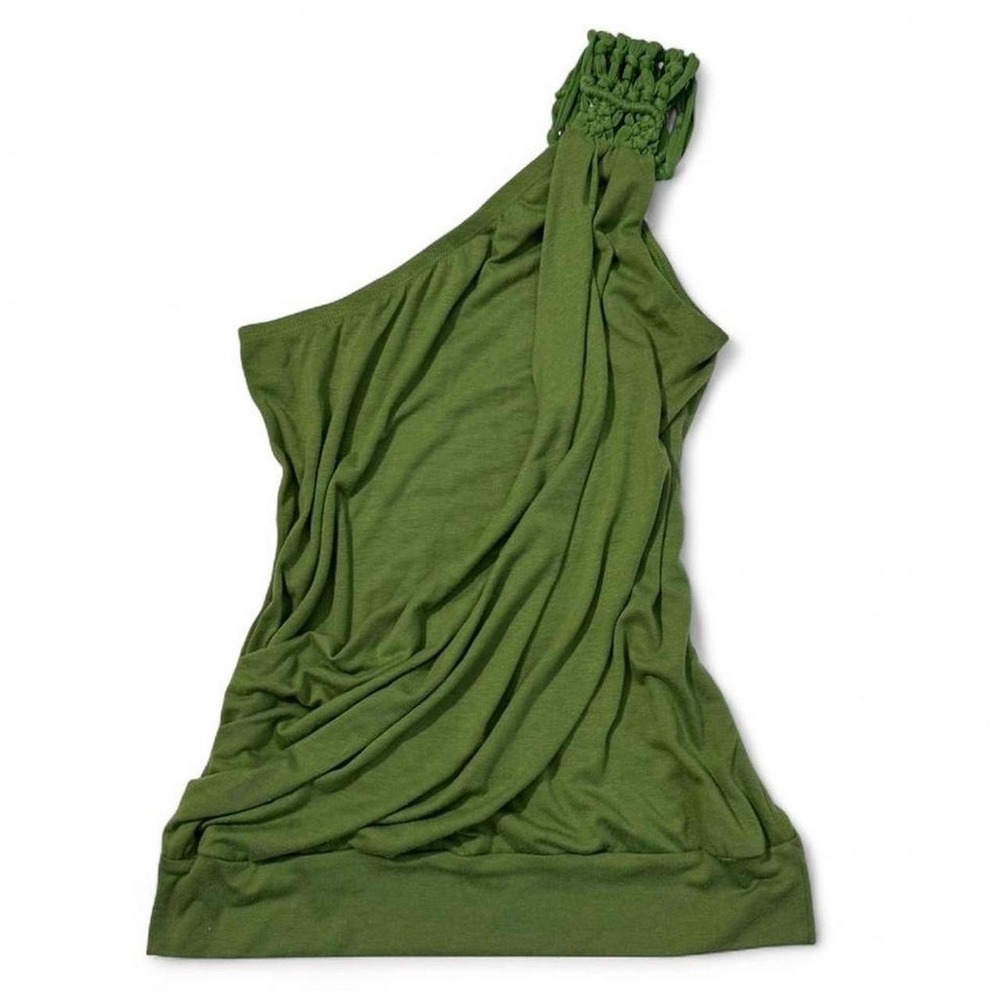 Y2K Green Lily White One Shoulder Flowy Boho Top Medium